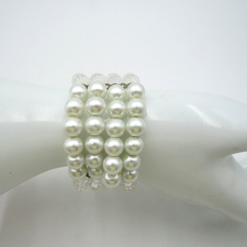 Imitation Pearl Clear Faceted Bead Wide Stretch Bracelet White Cuff Multi Strand
